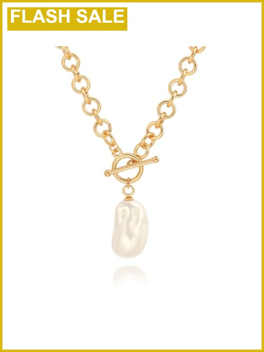 18k Gold Plated Chain Link Necklace Baroque Pearl Pendant Women